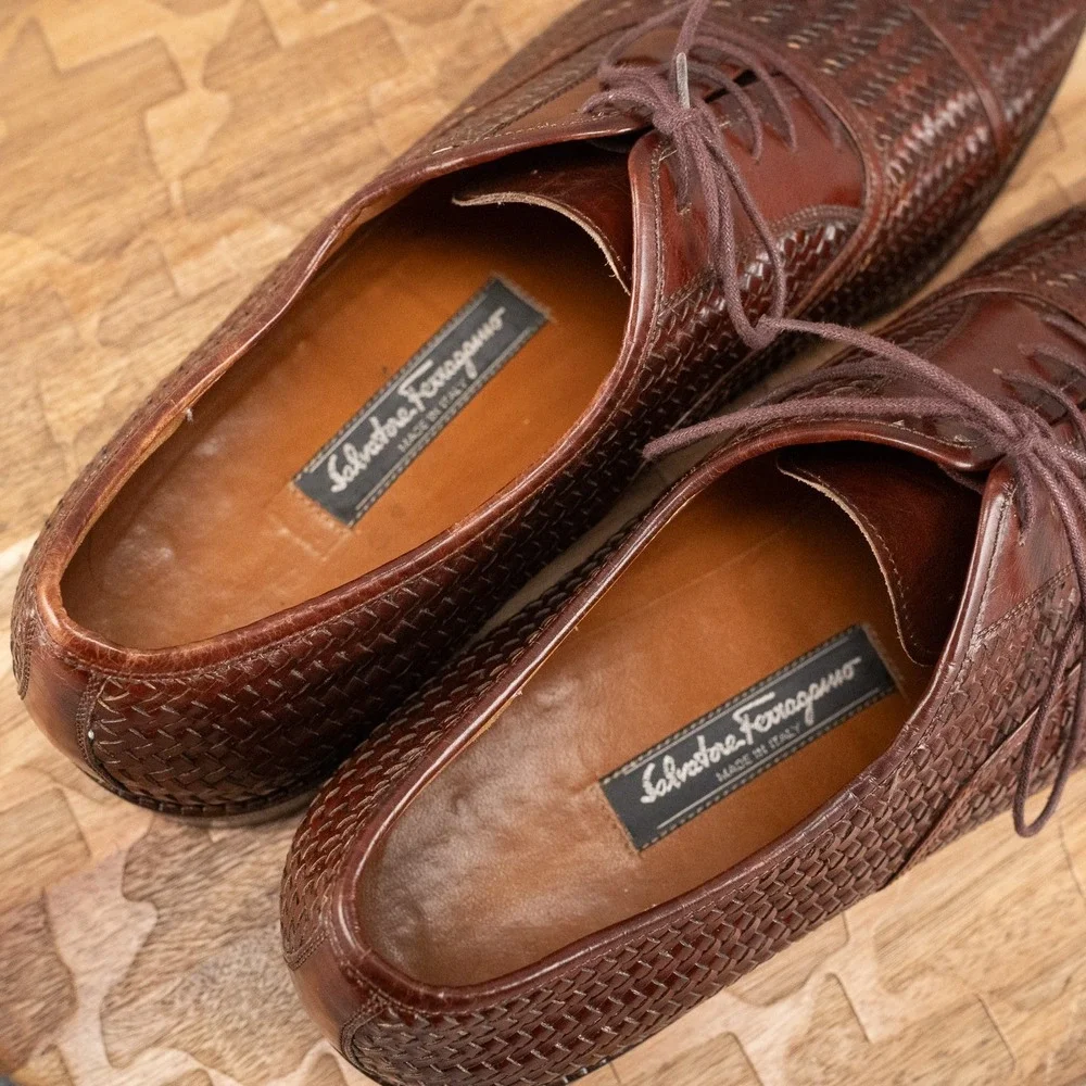 Salvatore Ferragamo Woven Leather Oxford Men's 9 D Brown Cap Toe Basket Weave